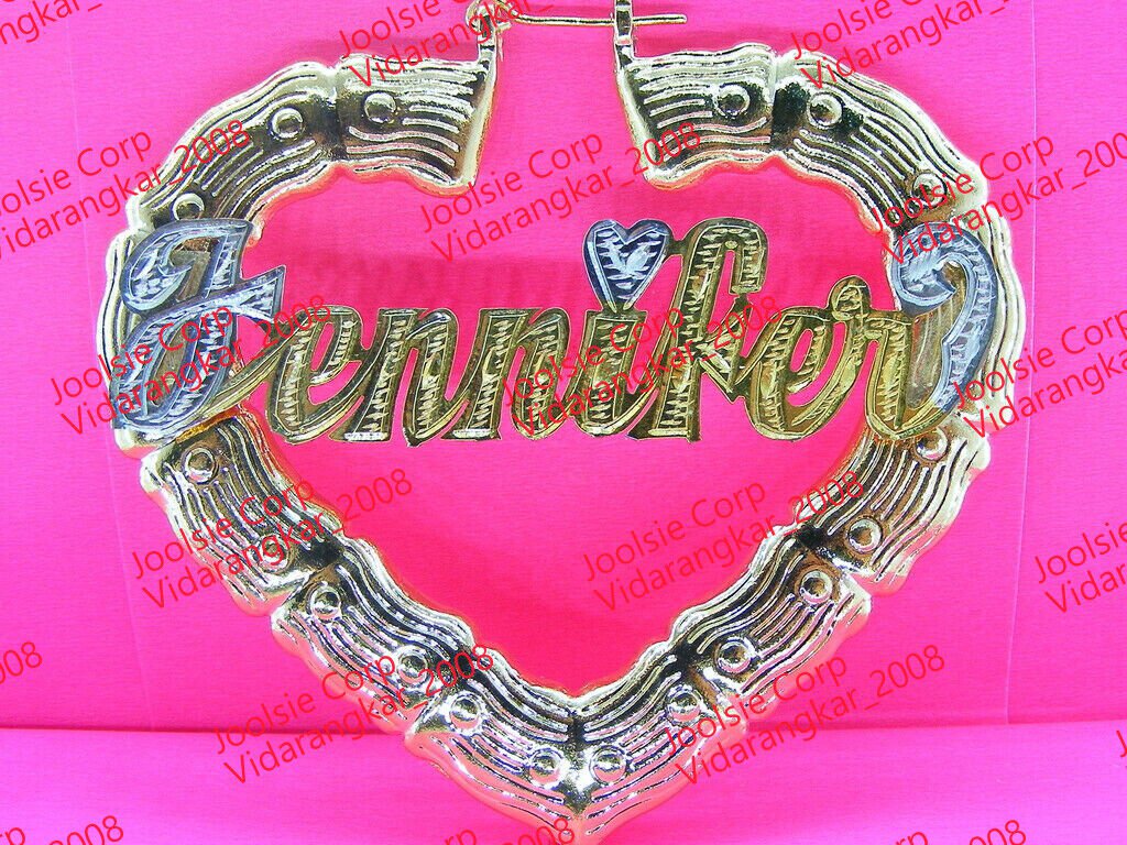 PERSONALIZED 14K GP 2.5" 21/2"  MEDIUM HEART BAMBOO NAME EARRINGS (DOOR KNOCKERS