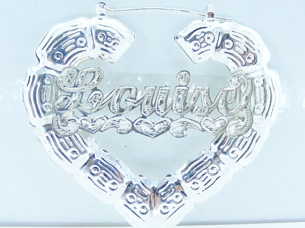 PERSONALIZED SILVER 2 1/2" HEART BAMBOO NAME EARRINGS H
