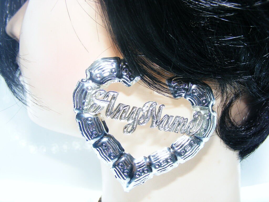 PERSONALIZED SILVER 2 1/2" HEART BAMBOO NAME EARRINGS s