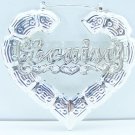 PERSONALIZED SILVER 3.00" HEART BAMBOO NAME EARRINGS h3