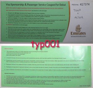 EMIRATES AIRLINES - 2004 VISA SPONSORSHIP & PASSENGER SERVICE COUPON FOR DUBAI