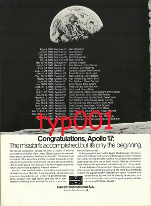 GARRETT - 1973 - CONGRATULATIONS APOLLO 17 - SPACE MISSIONS PRINT AD