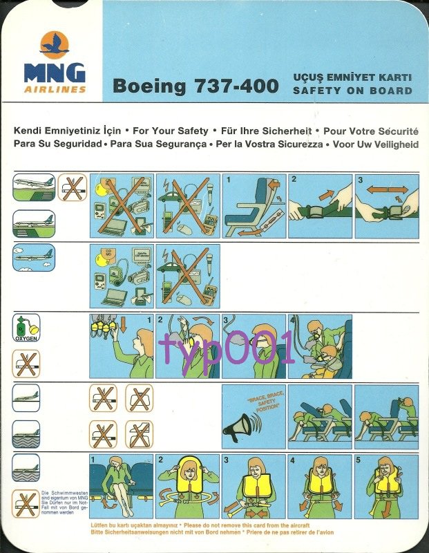 MNG AIRLINES - 2002 - BOEING 737-400 SAFETY CARD - TURKISH