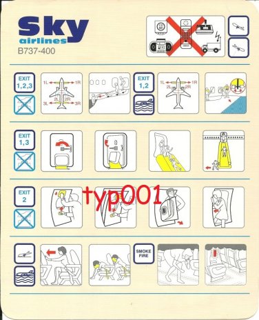 SKY AIRLINES - BOEING B737-400 SAFETY CARD - 1 - BANKRUPT TURKISH AIRLINE