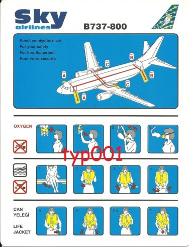 SKY AIRLINES - BOEING B737-800 SAFETY CARD - BANKRUPT TURKISH AIRLINE