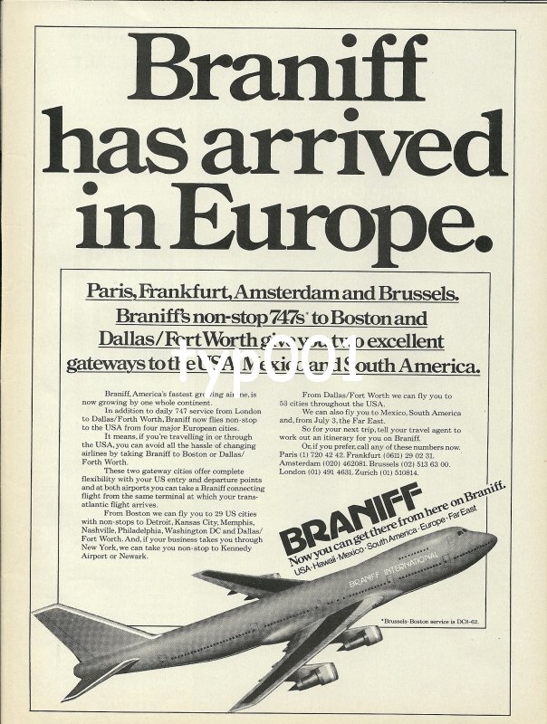BRANIFF - 1979 - BRANIFF HAS ARRIVED IN EUROPE PRINT AD - 1