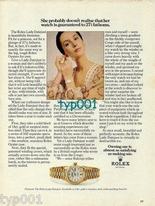 ROLEX - 1973 - HER WATCH IS GUARANTEED TO 27.5 FATHOMS PRINT AD
