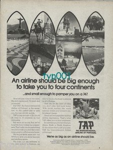TAP PORTUGESE AIRLINES - 1973 - BIG ENOUGH TO TAKE YOU TO 4 CONTINENTS PRINT AD
