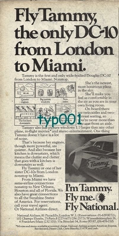 NATIONAL AIRLINES - 1974 FLY TAMMY THE ONLY DC-10 FROM LONDON TO MIAMI PRINT AD