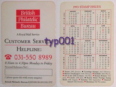 BRITISH PHILATELIC BUREAU 1993 STAMPS WALLET CALENDAR