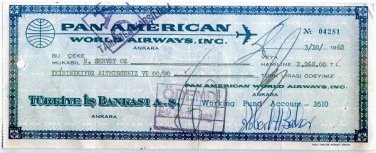 PAN AM - 1962 COMPANY CHEQUE ISBANK ANKARA TURKEY