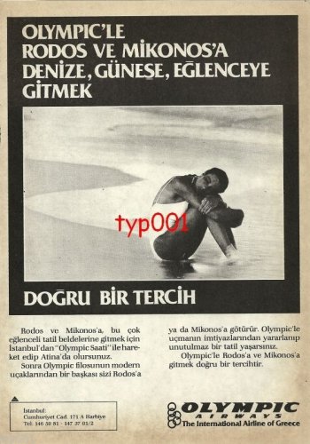 OLYMPIC AIRWAYS - 1985 - RIGHT CHOICE TO RHODES MYKONOS SUN FUN TURKISH PRINT AD