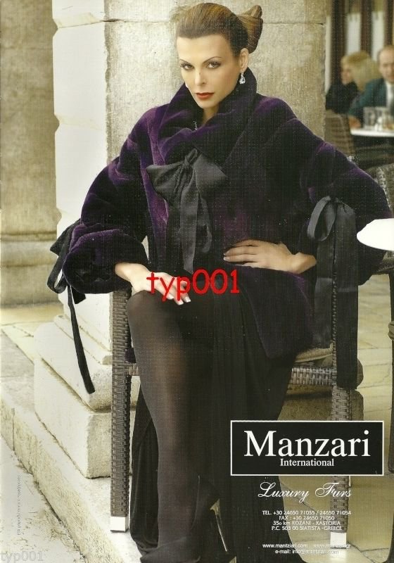 MANZARI FURS - 2010 - SEXY LADY IN PURPLE FUR COAT SILK DRESS HOSIERY PRINT AD