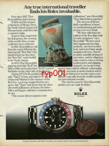 ROLEX - 1982 - EXPLORER THOR HEYERDAHL & HIS REED SHIP TIGRIS PRINT AD