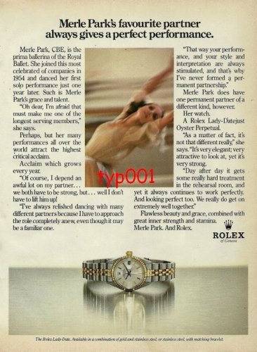 ROLEX - 1982 - PRIMA BALLERINA MERLE PARK'S FAVOURITE PERFECT PARTNER PRINT AD
