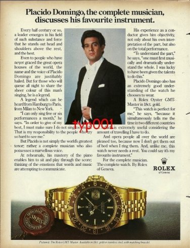 ROLEX - 1982 - TENOR PLACIDO DOMINGO & HIS FAVORITE INSTRUMENT PRINT AD