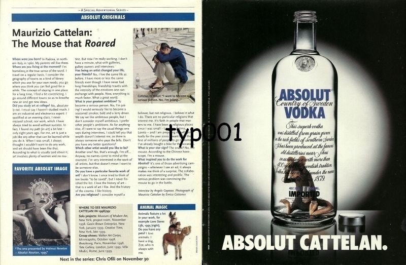 ABSOLUT - 1998 - ABSOLUT CATTELAN - MAURIZIO CATTELAN MOUSE THAT ROARED PRINT AD