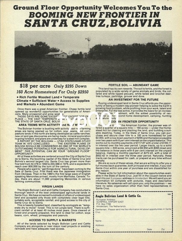 ANGLO BOLIVIAN LAND COMPANY - 1980 - BOOMING NEW FRONTIER PRINT AD