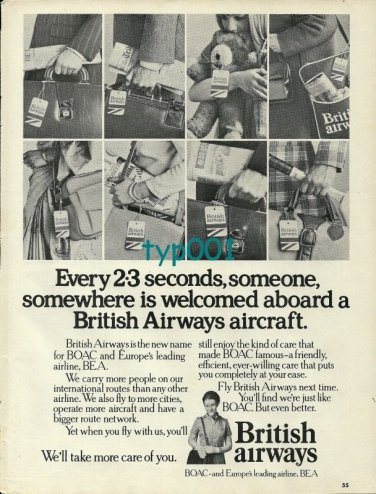 BOAC - BEA - BRITISH AIRWAYS - 1974 -  EVERY 23 SECONDS SOMEONE PRINT AD