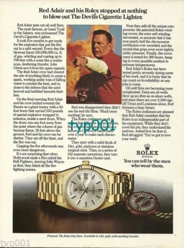 ROLEX - 1974 - RED ADAIR &  DEVIL'S CIGARETTE LIGHTER PRINT AD