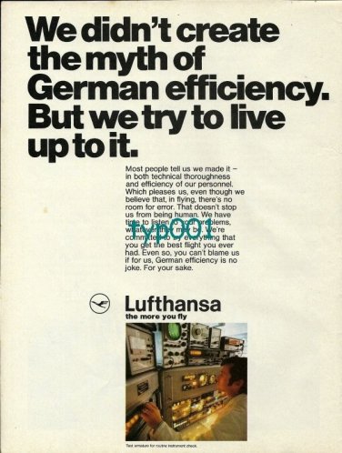 LUFTHANSA - 1973 - WE DIDN'T CREATE THE MYTH OF GERMAN EFFICIENCY PRINT AD