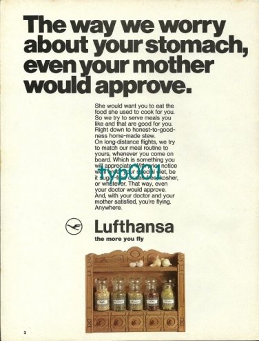LUFTHANSA - 1973 - WE WORRY ABOUT YOUR STOMACH LIKE YOUR MOTHER PRINT AD