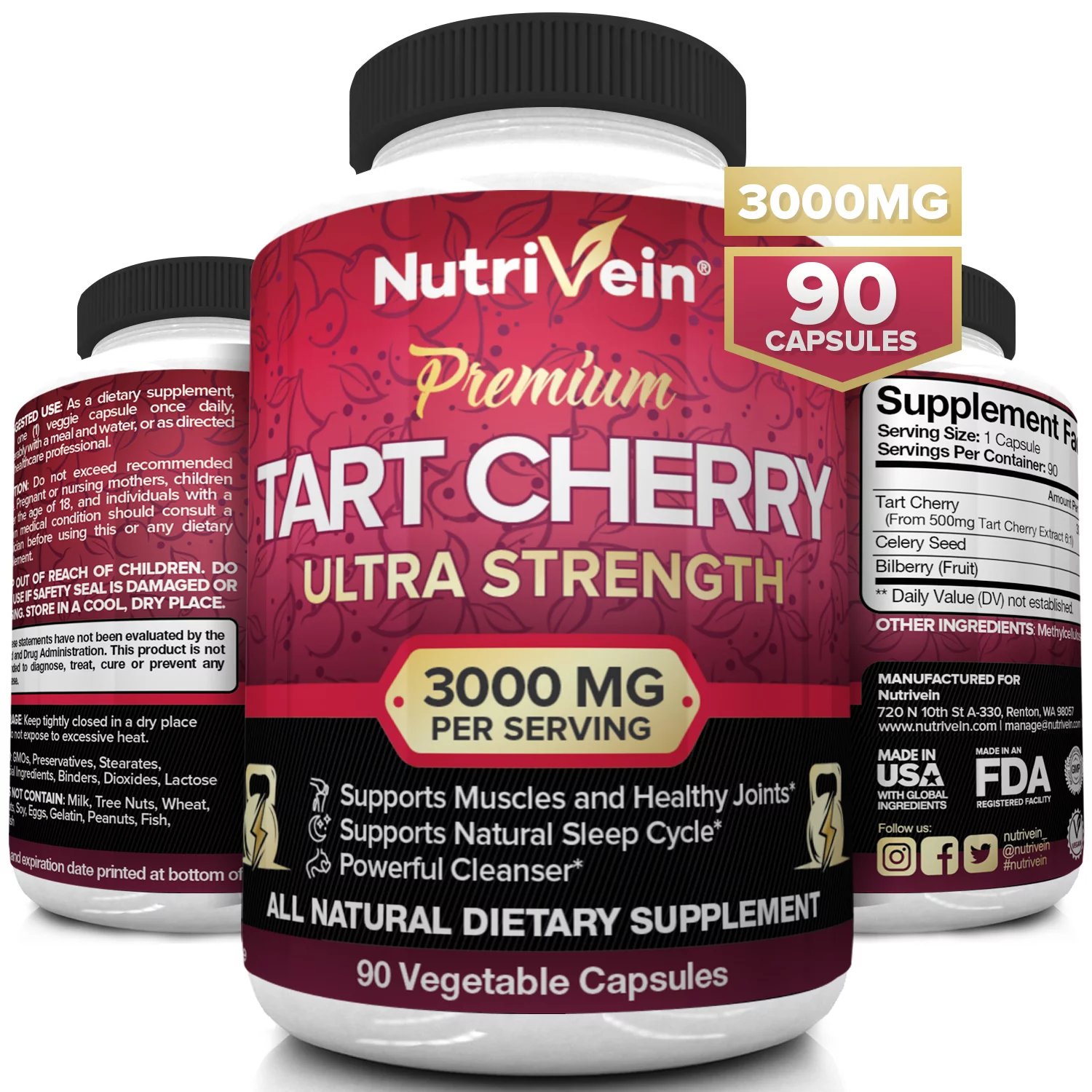 Nutrivein Tart Cherry Capsules 3000mg 90 Vegan Pills Antioxidants