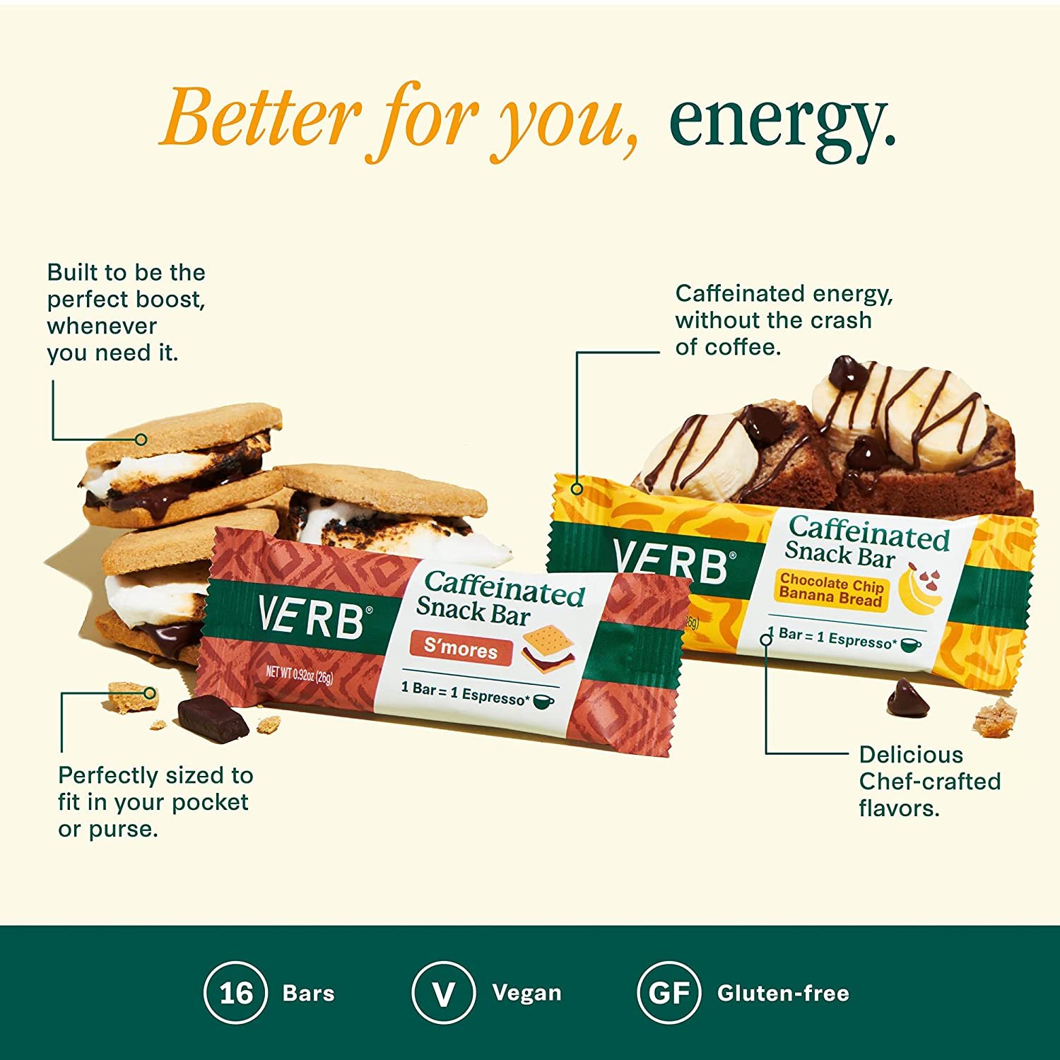 Verb Energy NEW LOOK Variety Pack Caffeinated Snack Bars, 26g (Pack of 16)