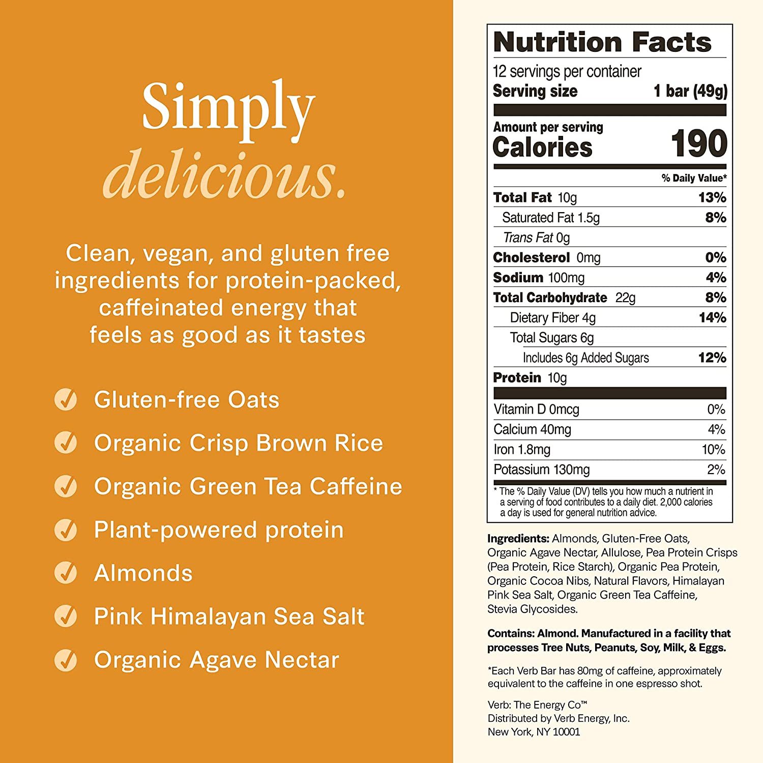 Verb Energy Chocolate Chip Banana Bread Caffeinated Protein Bars, 49g (Pack of 12)