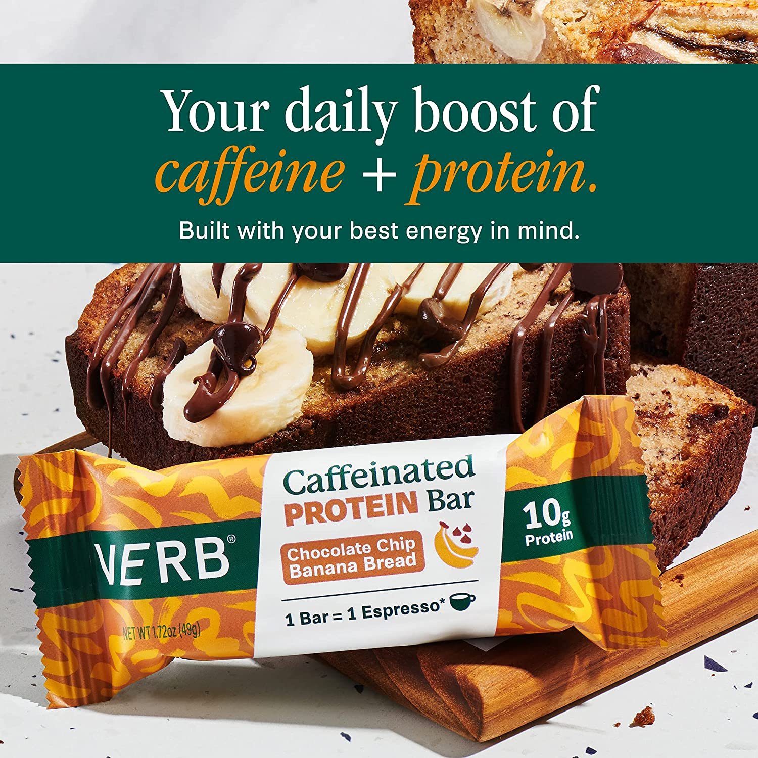 Verb Energy Chocolate Chip Banana Bread Caffeinated Protein Bars, 49g (Pack of 12)
