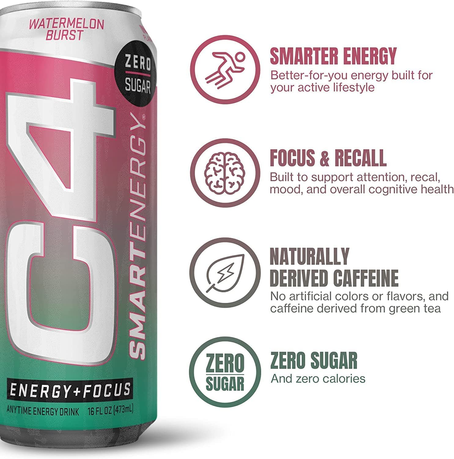 C4 Smart Energy Drink Sugar Free Performance Fuel Watermelon Burst 16 Oz 12 Pack 2570