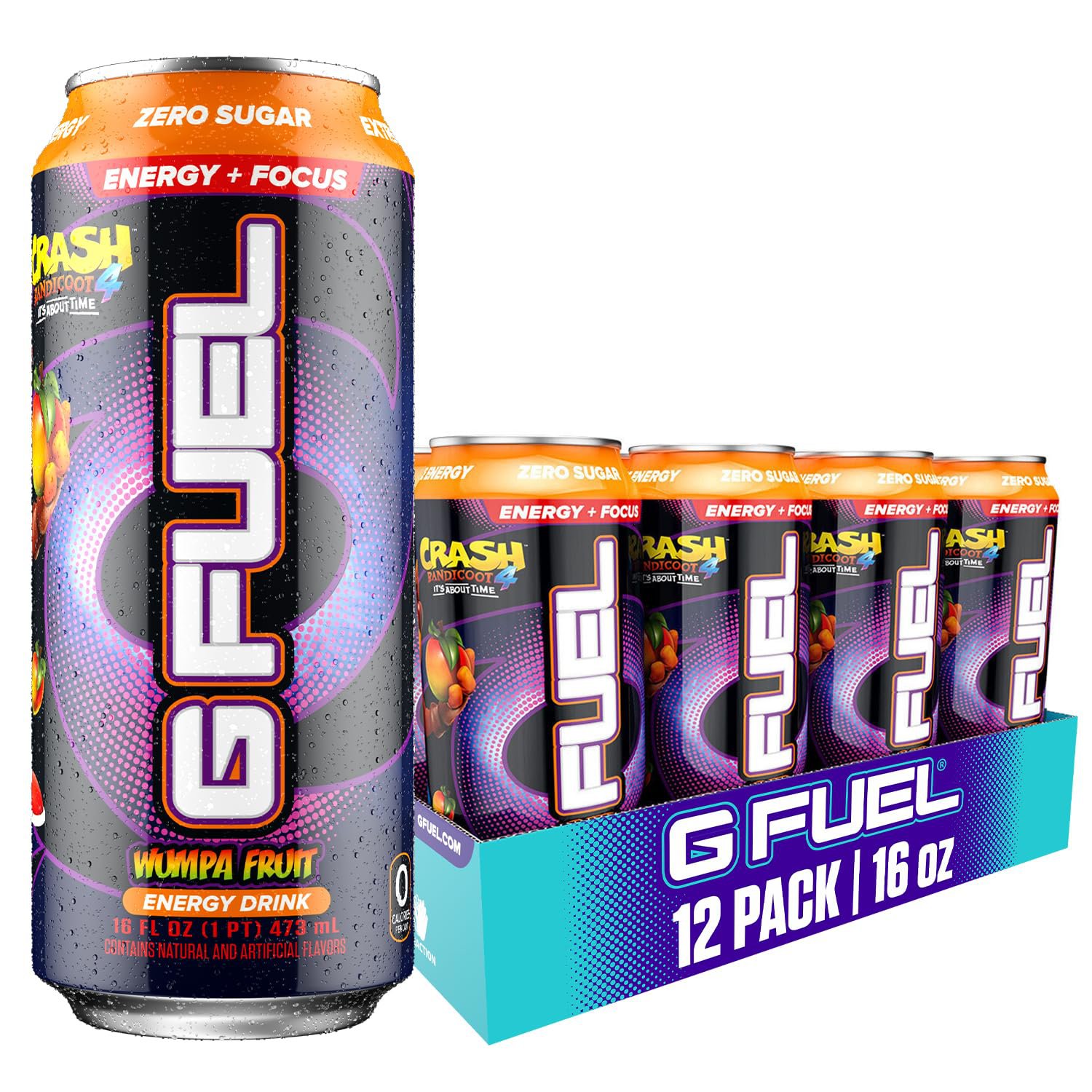 G Fuel Energy Drink, Apple Mango, Sugar Free Beverage, 16 oz Cans (Crash Bandicoot, 12-Pack)