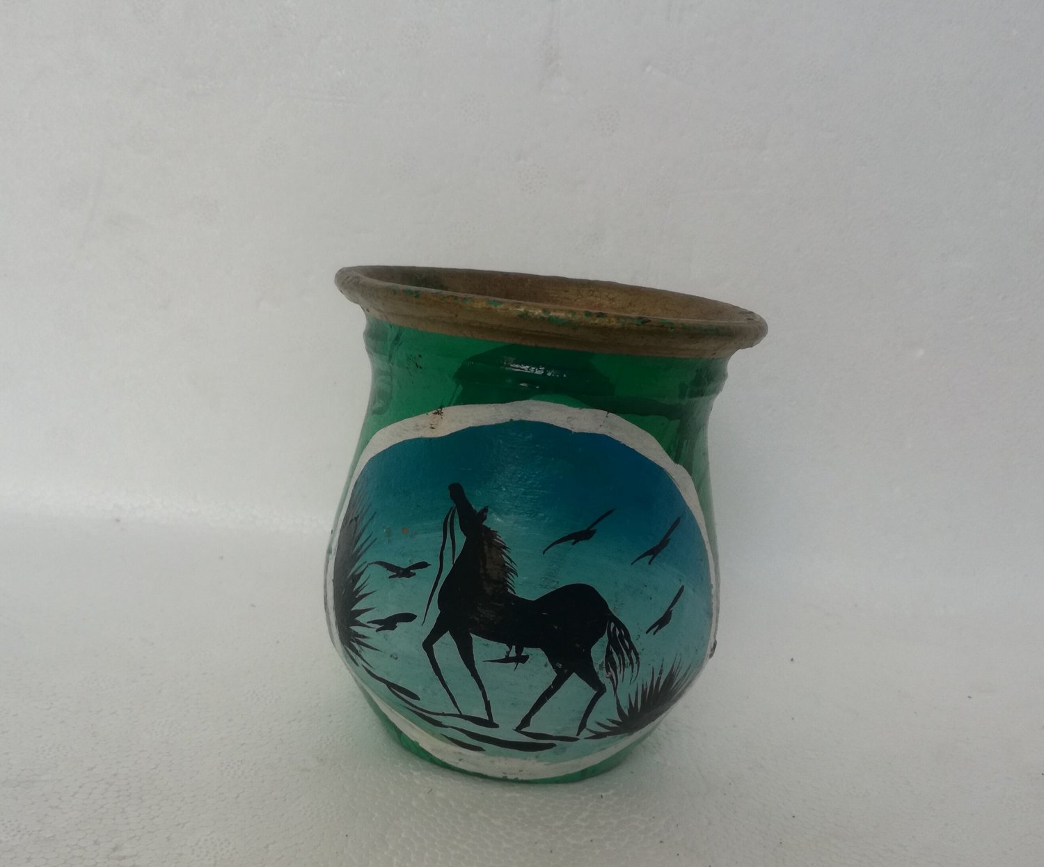 Antique African Kenyan Soapstone Vase , This is an African Landscape Sgraffito Horse Sculpture Vase