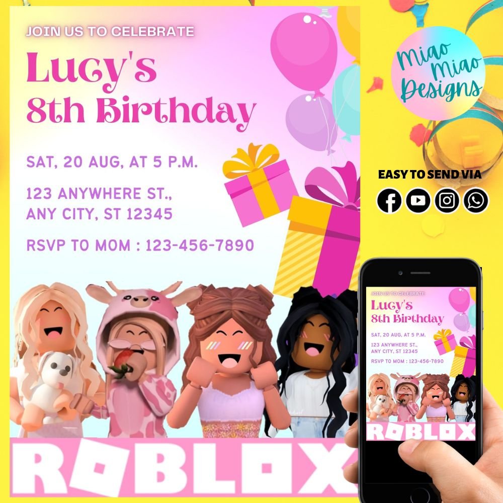 Personalized Roblox Girls Birthday Digital Invitation