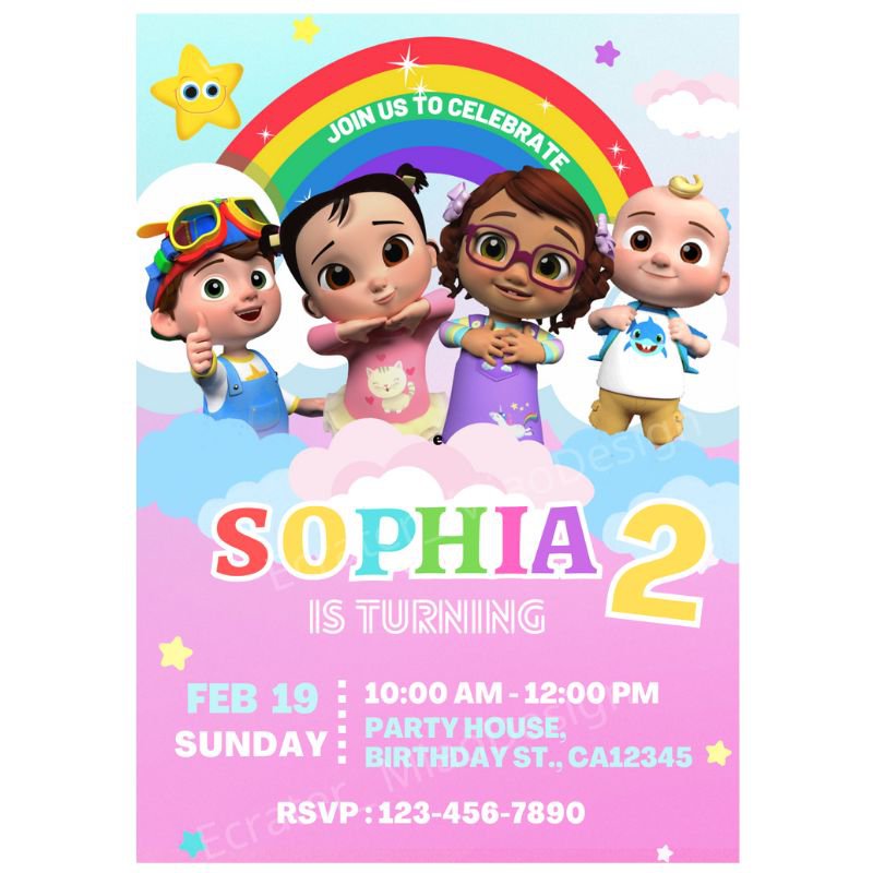 Cocomelon Baby Girl Birthday Invitation Digital