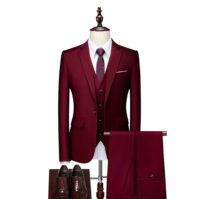 Formal 3-Piece Business Suit, Wine Red