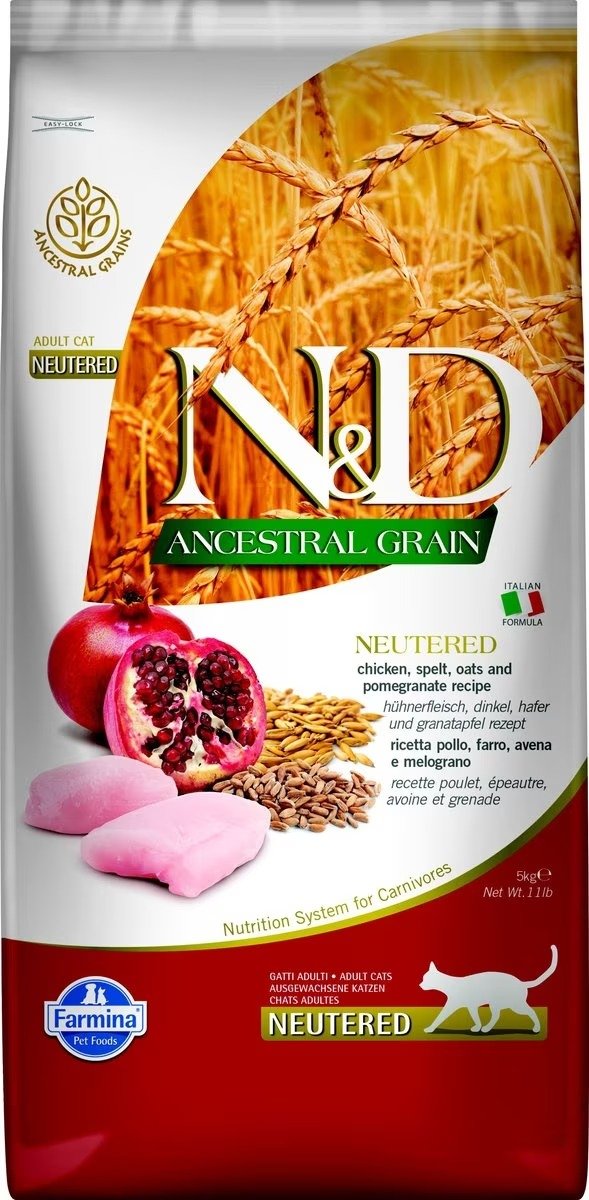 Farmina N&D Ancestral Grain Chicken & Pomegranate Recipe Neutered Cat Dry Food, 11-lb bag