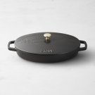 Staub Enameled Cast Iron Oval Gratin with Sea Bass Embossed Lid, Matte Black