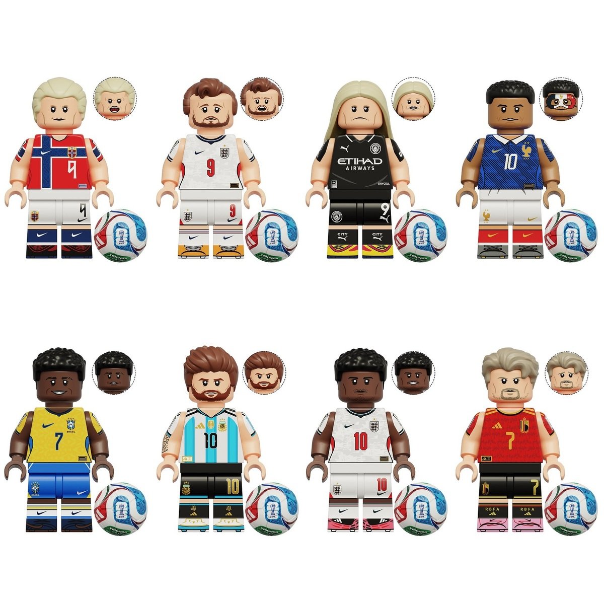 8pcs World Cup Vinicius Messi Mbappe De Bruyne Harry Kane Minifigures Minifigs