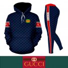 Blue Gucci G White & Red Stripes Women's Workout Set Hoodie Leggings
