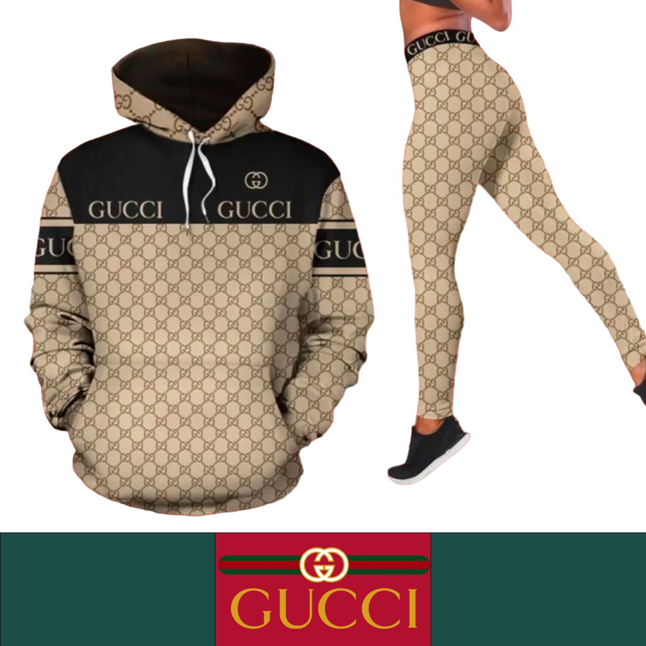 Gucci Circles G&acirc;��s Beige & Black Women's Workout Set Hoodie Leggings