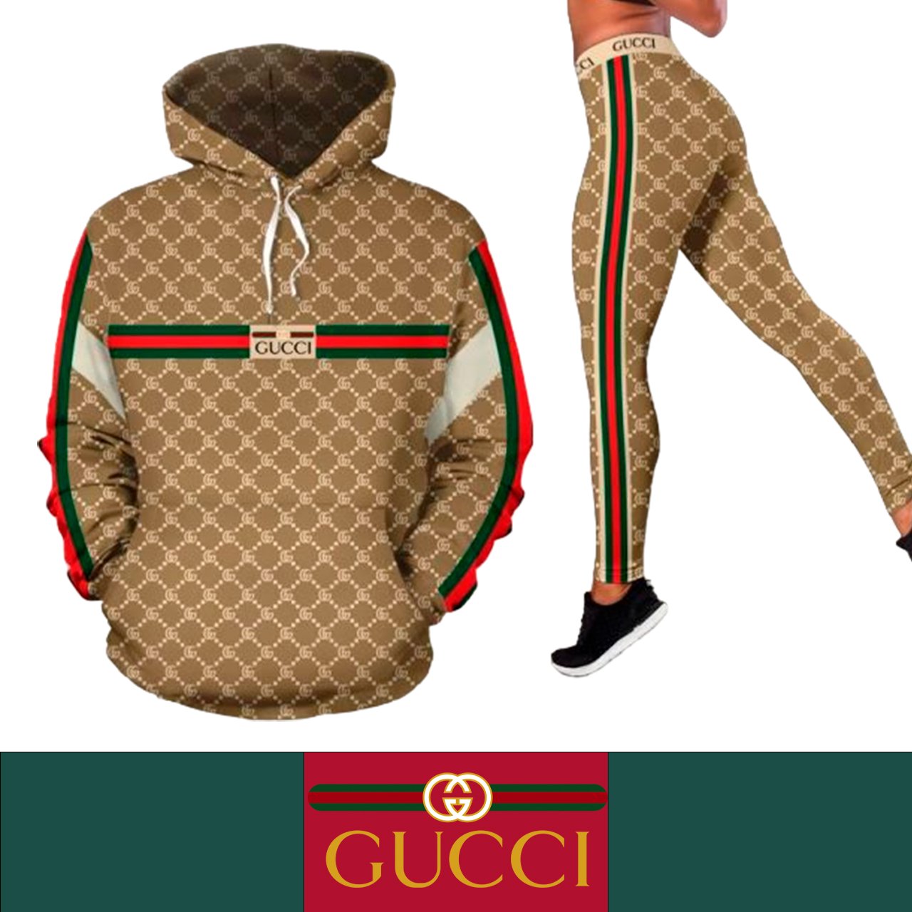 Gucci G Diamonds Brown Pattern Women's Workout Set Hoodie Leggings