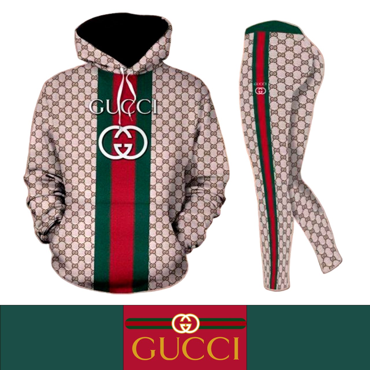 Gucci G Diamonds Light Pink Pattern Women's Workout Set Hoodie Leggings