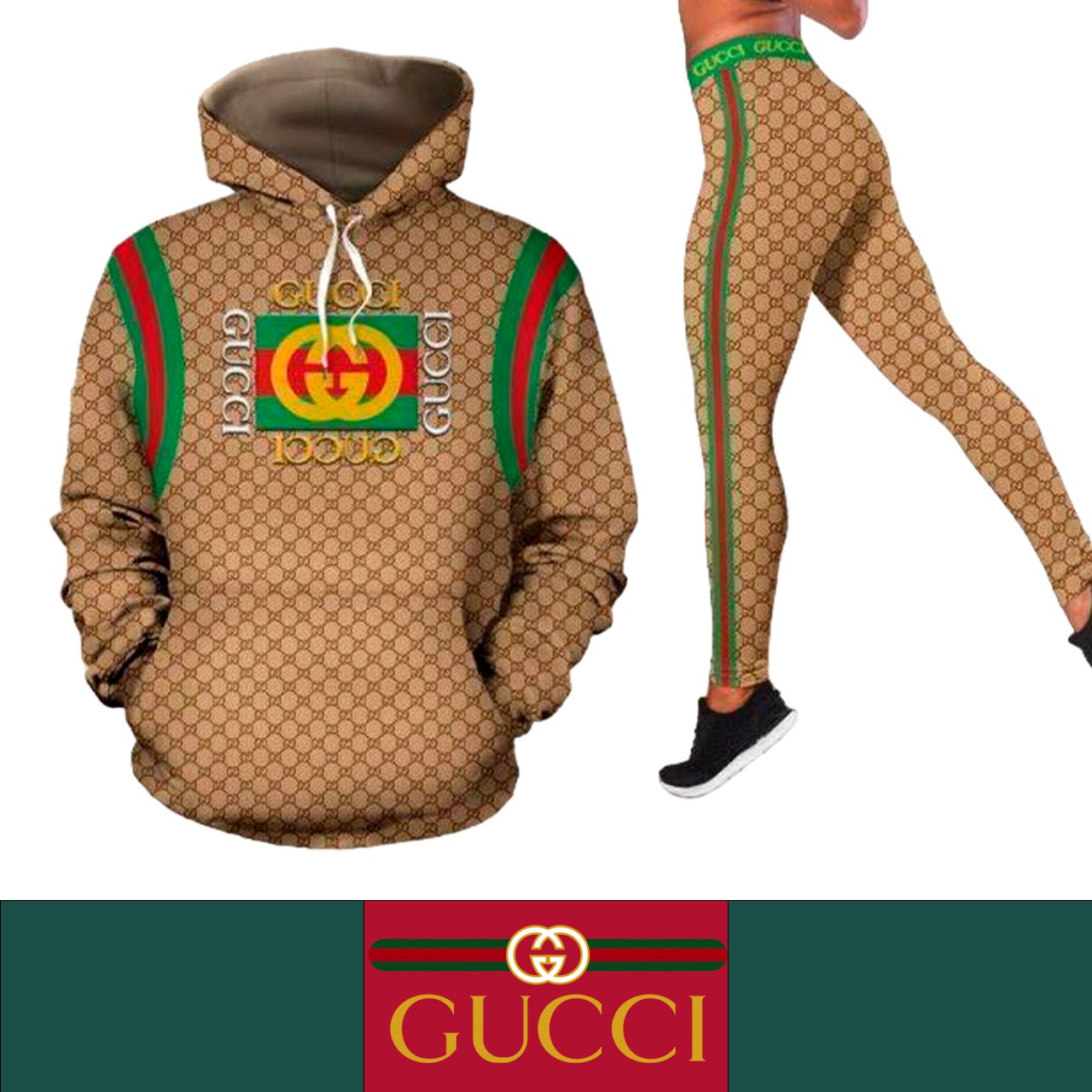 Gucci G Green and Red Stripes Women's Workout Set Hoodie Leggings