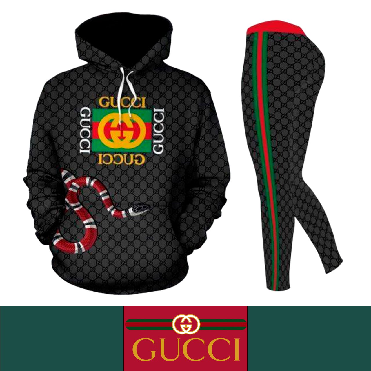 Gucci Green & Red Striped Snake Print Women's Workout Set Hoodie Leggings