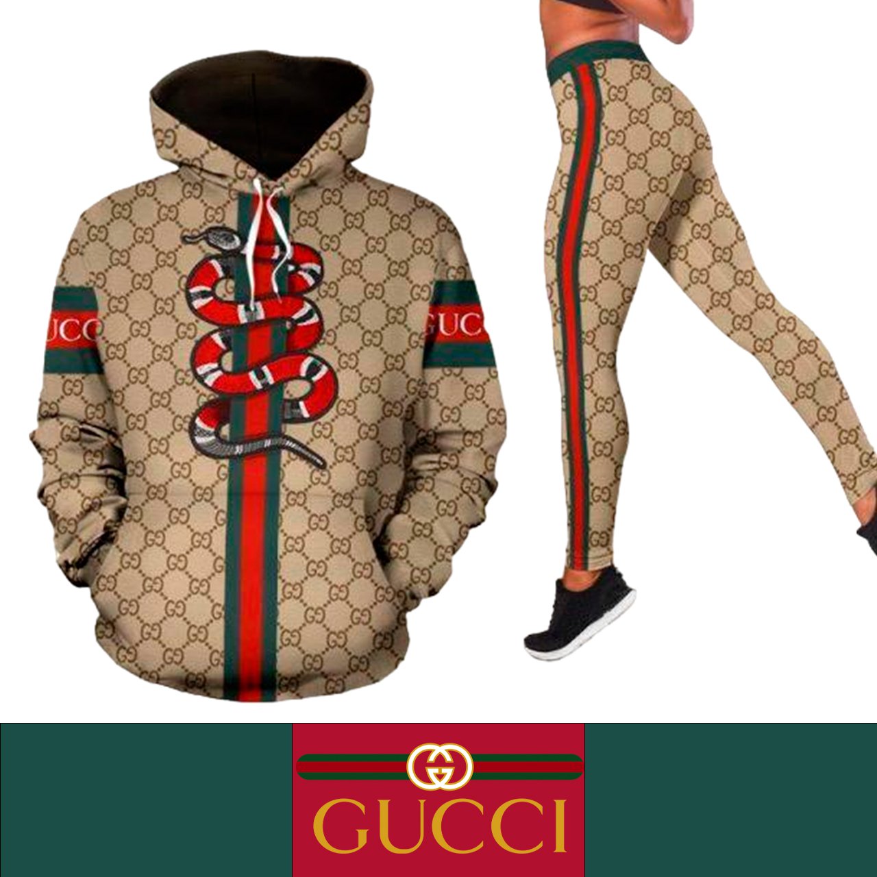 Gucci Snake Intertwined Women's Workout Set Hoodie Leggings