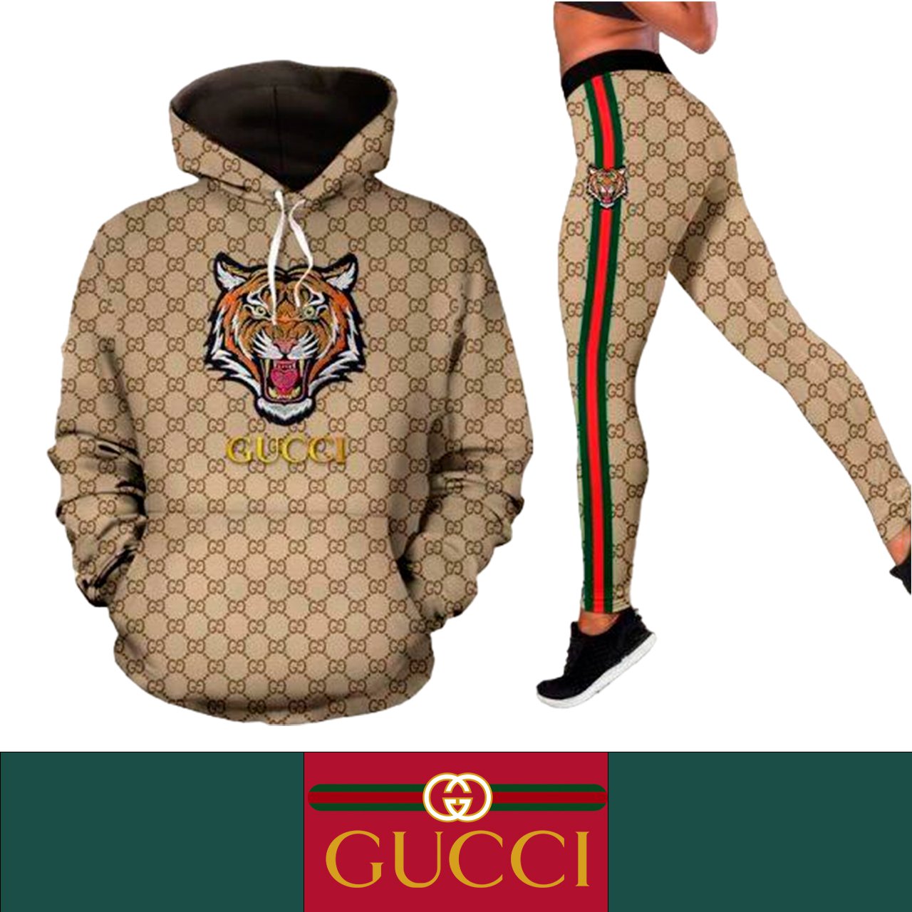 Gucci G Tiger Face Women's Workout Set Hoodie Leggings