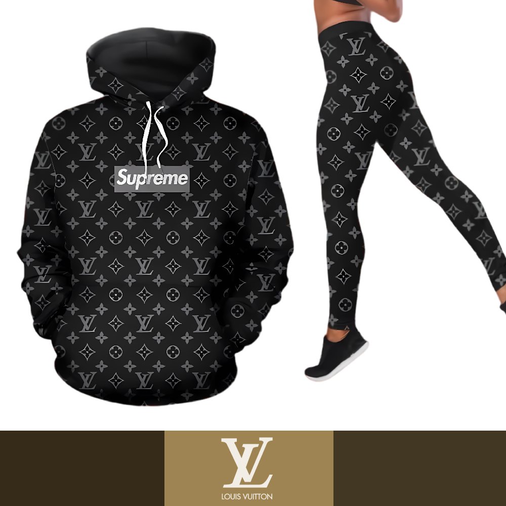 Louis Vuitton Black Supreme Women's Workout Set Hoodie Leggings