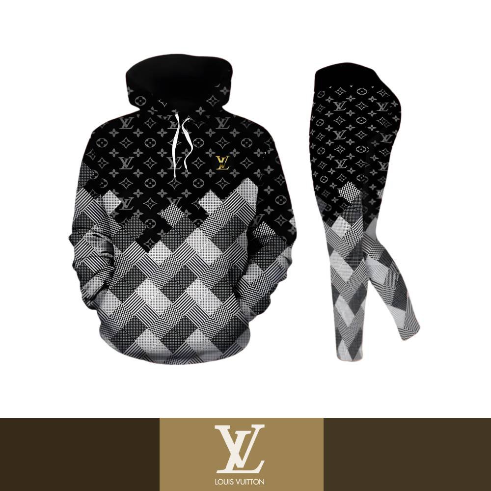 Louis Vuitton Checkered Printed Women's Workout Set Hoodie Leggings