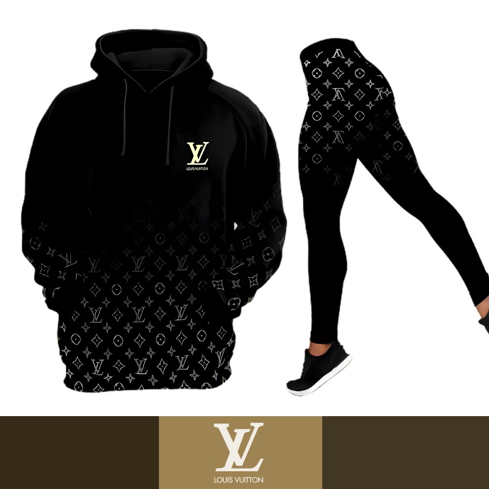 Louis Vuitton Full Black & Print Women's Workout Set Hoodie Leggings